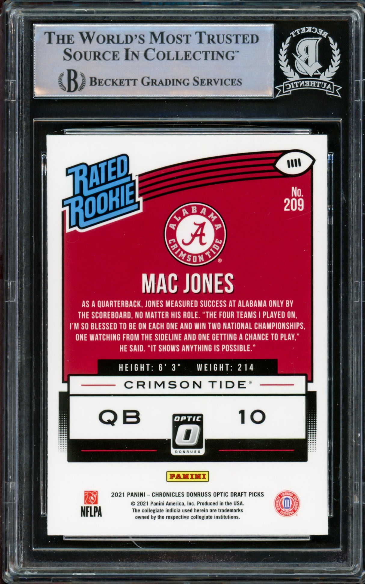 Mac Jones Autographed 2021 Donruss Optic Rated Rookie Card #209 Alabama Crimson Tide Beckett BAS #14231880