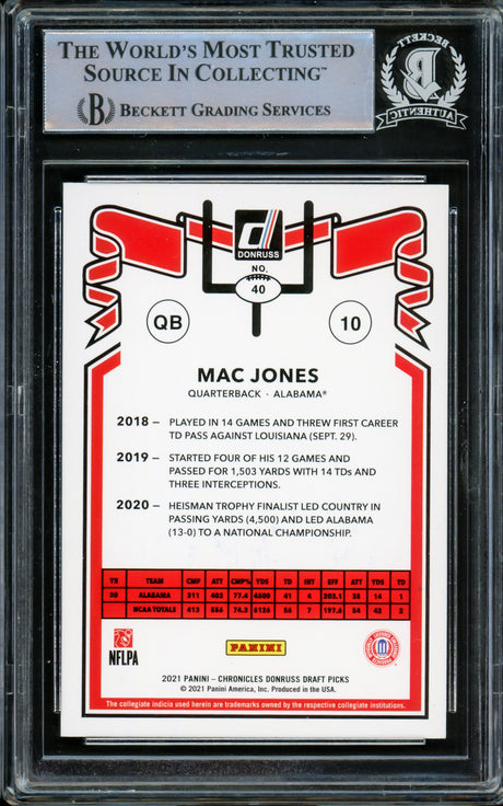 Mac Jones Autographed 2021 Donruss Rookie Card #40 Alabama Crimson Tide Beckett BAS #14231881