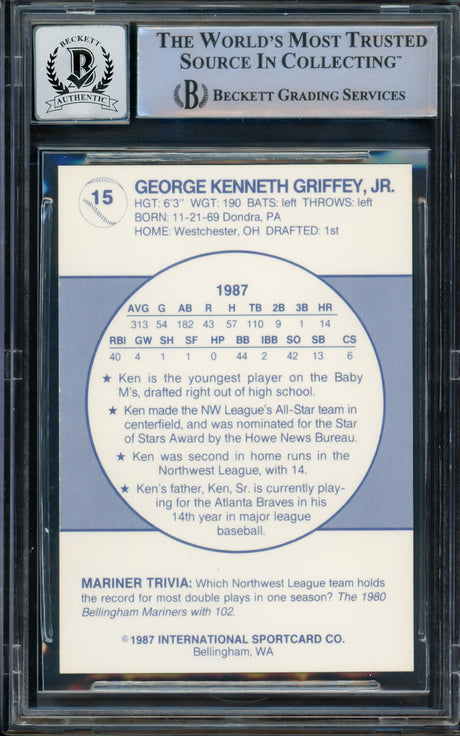 Ken Griffey Jr. Autographed 1987 International Rookie Card #15 Bellingham Mariners Auto Grade Gem Mint 10 "87 #1 Pick" Beckett BAS #14391652