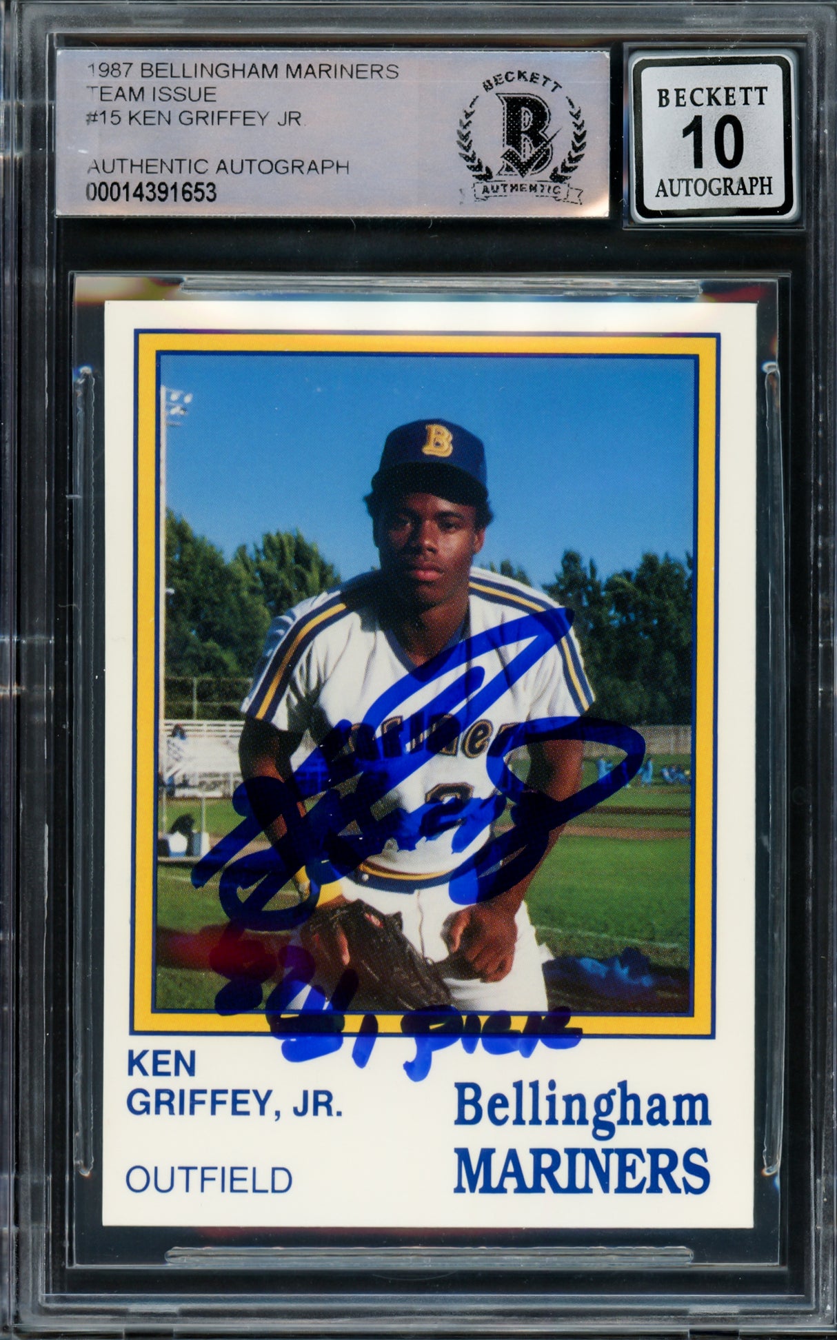 Ken Griffey Jr. Autographed 1987 International Rookie Card #15 Bellingham Mariners Auto Grade Gem Mint 10 "87 #1 Pick" Beckett BAS #14391653