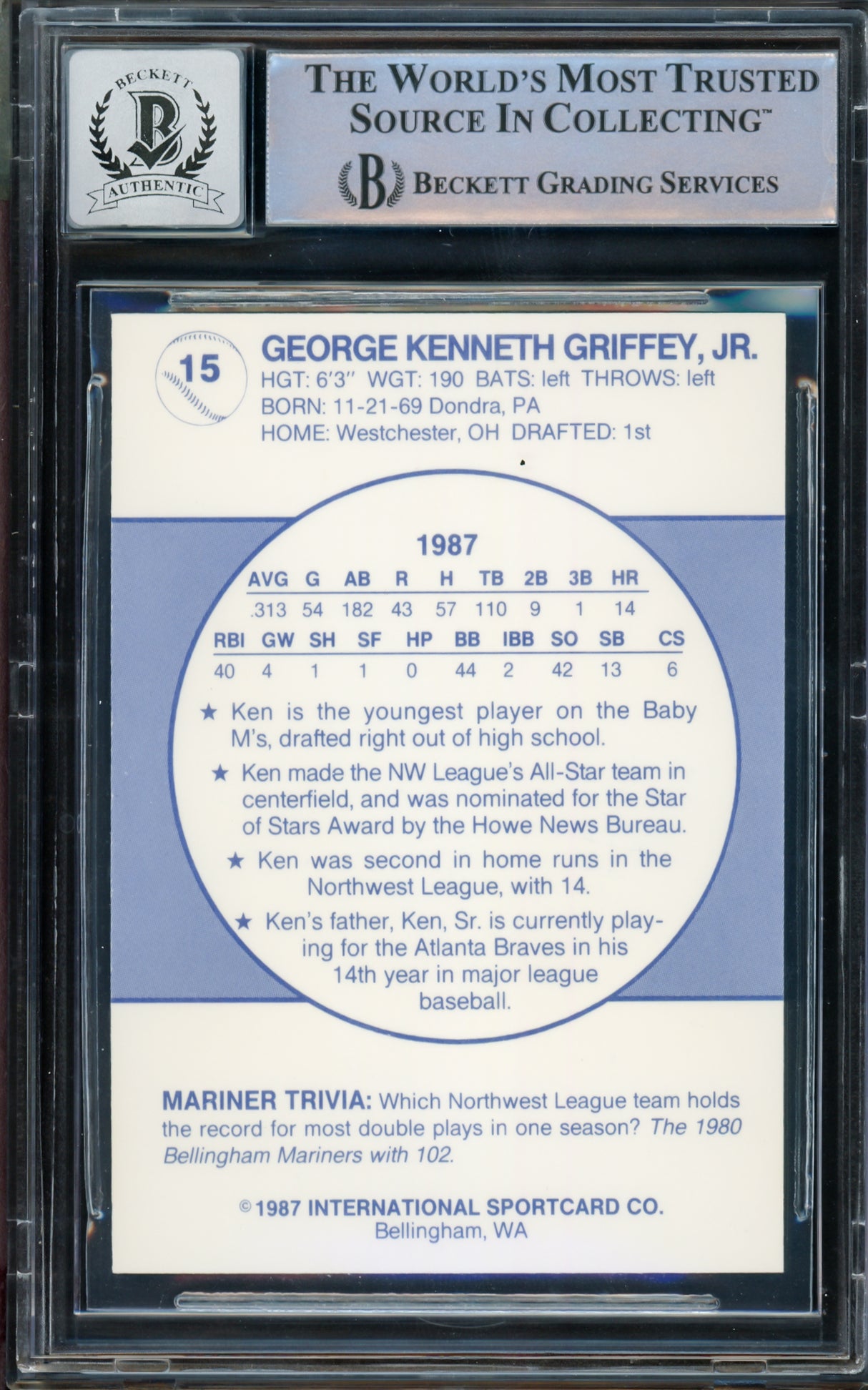 Ken Griffey Jr. Autographed 1987 International Rookie Card #15 Bellingham Mariners Auto Grade Gem Mint 10 "87 #1 Pick" Beckett BAS #14391653