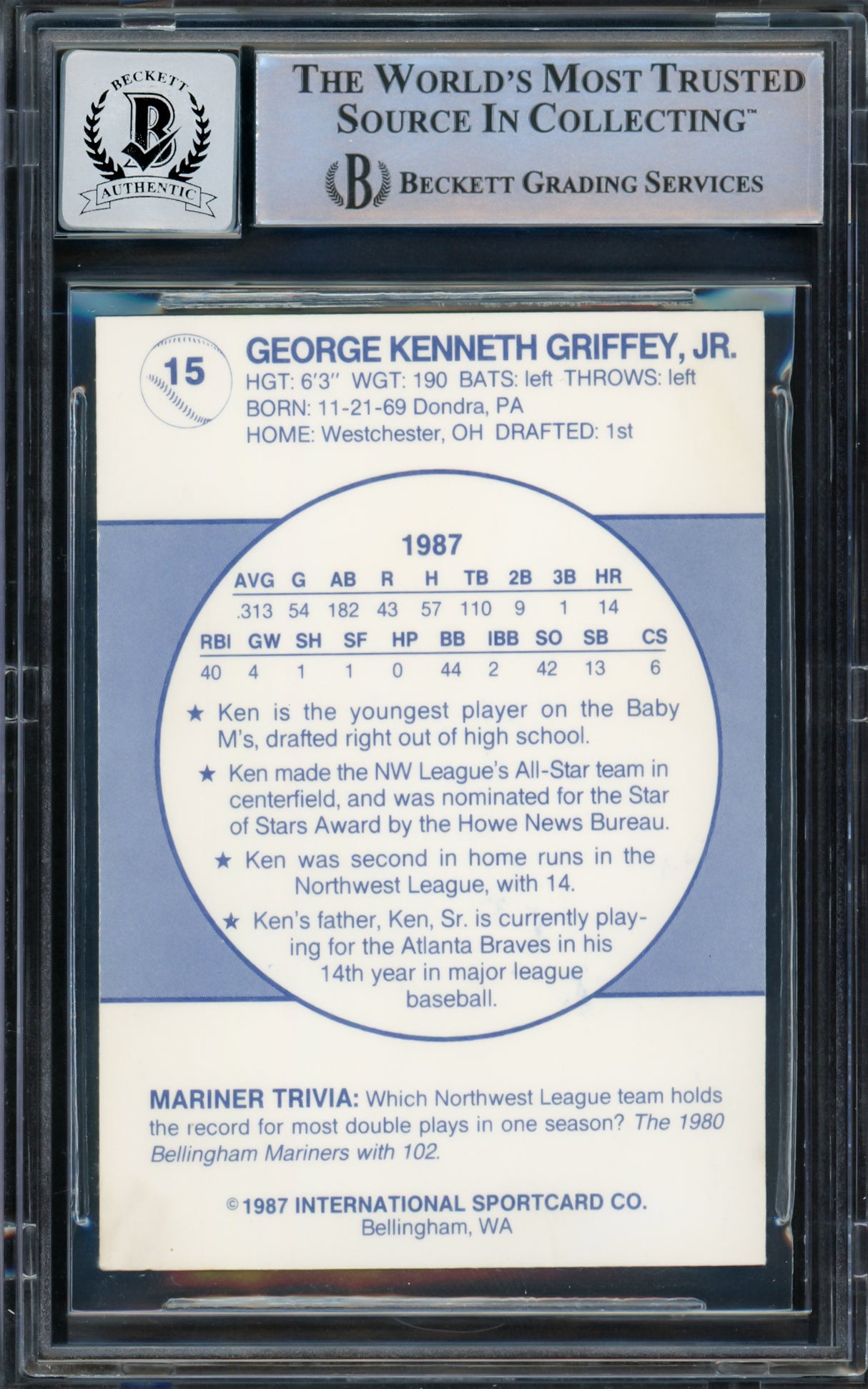 Ken Griffey Jr. Autographed 1987 International Rookie Card #15 Bellingham Mariners Auto Grade Gem Mint 10 "87 #1 Pick" Beckett BAS #14391654