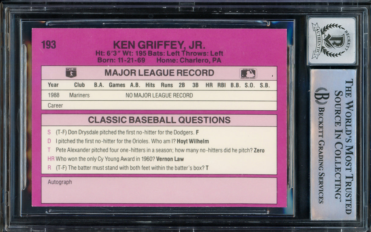 Ken Griffey Jr. Autographed 1989 Classic Travel Purple Rookie Card #193 Seattle Mariners Auto Grade Gem Mint 10 Beckett BAS Stock #206760