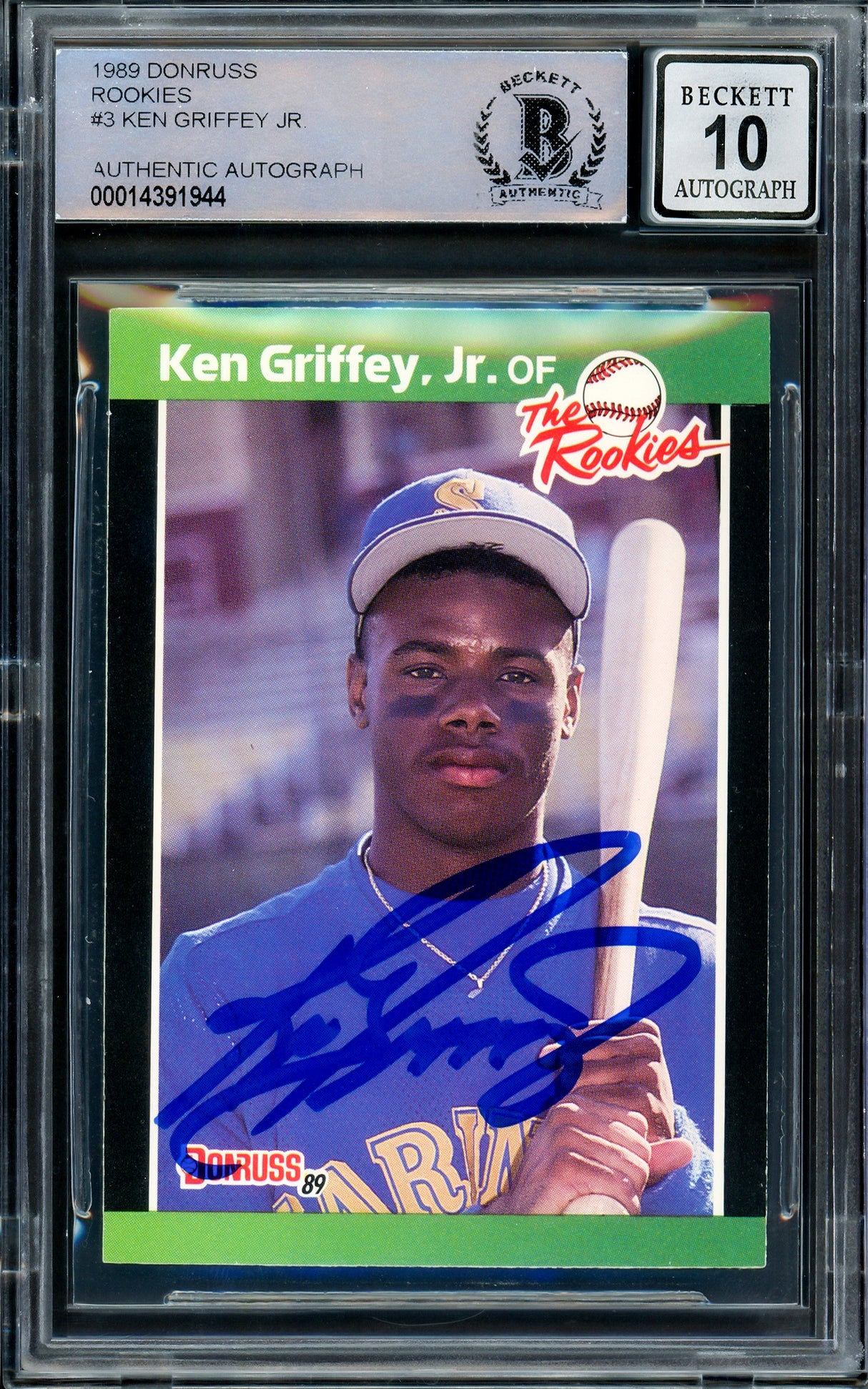 Ken Griffey Jr. Autographed 1989 Donruss The Rookies Rookie Card #3 Seattle Mariners Auto Grade Gem Mint 10 Beckett BAS Stock #206764