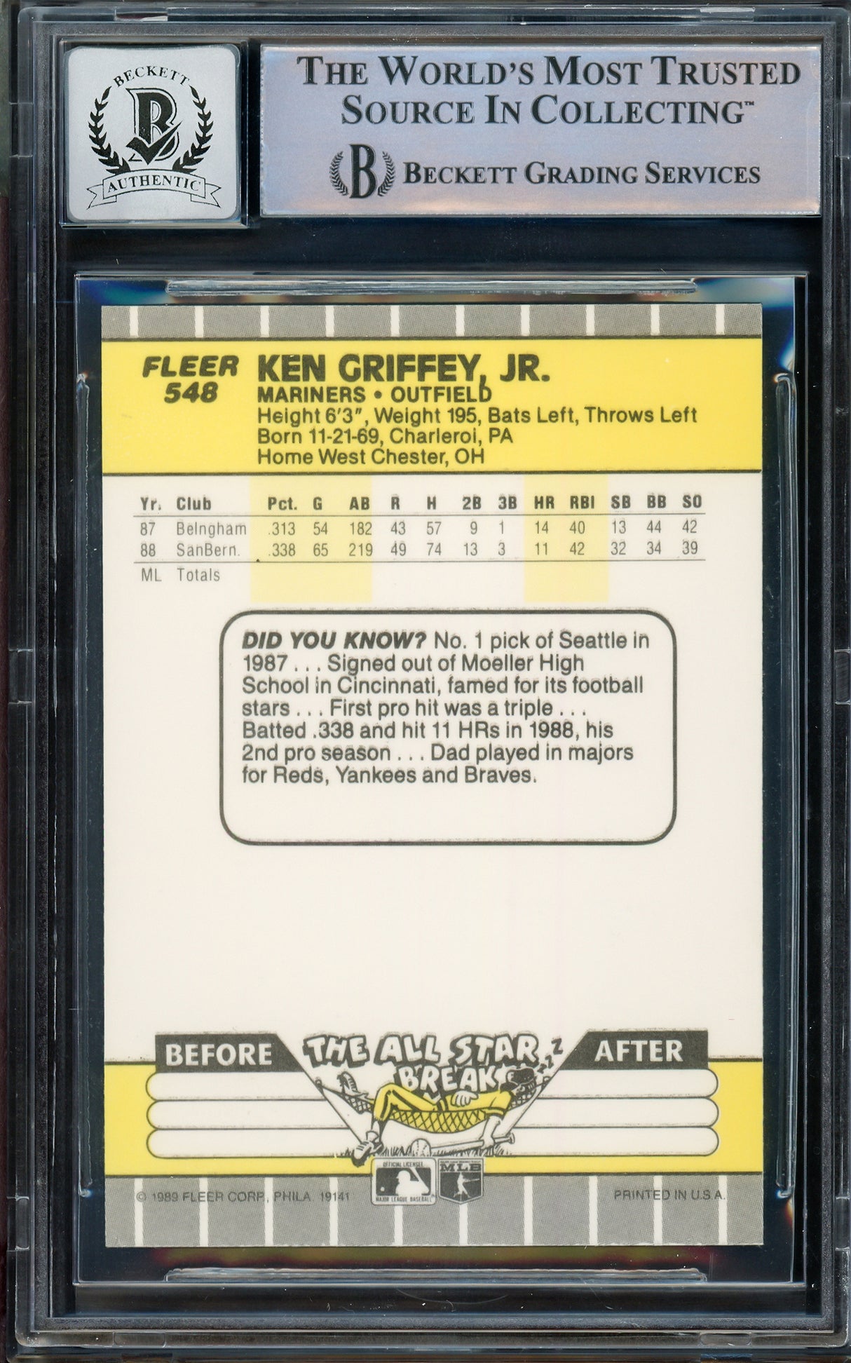 Ken Griffey Jr. Autographed 1989 Fleer Rookie Card #548 Seattle Mariners Auto Grade Gem Mint 10 Beckett BAS Stock #206769