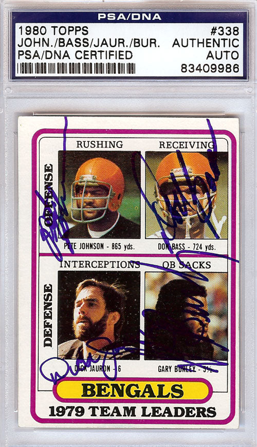 Pete Johnson, Don Bass, Dick Jauron & Gary Burley Autographed 1980 Topps Card #338 Cincinnati Bengals PSA/DNA #83409986