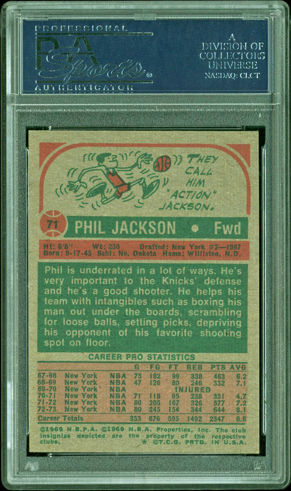 Knicks Phil Jackson Authentic Signed 1973 Topps #71 Card PSA/DNA Slabbed