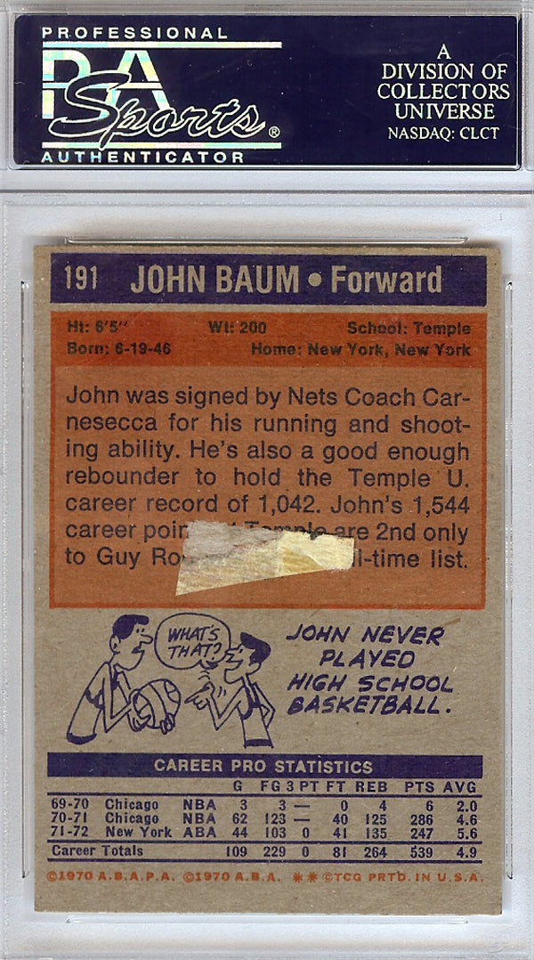 John Baum Autographed 1972 Topps Card #191 New York Nets PSA/DNA #83795837