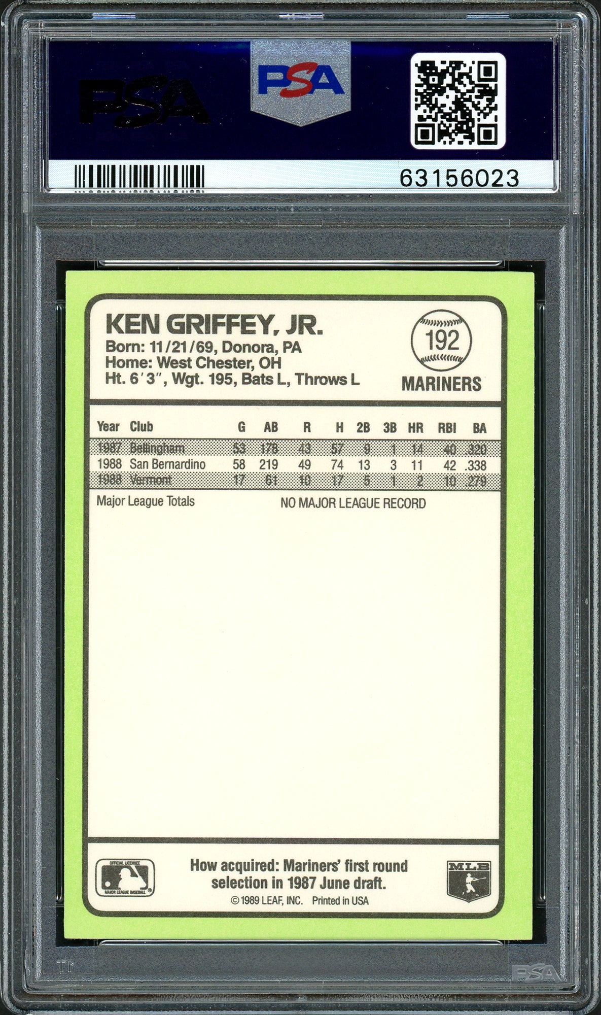 Ken Griffey Jr. Autographed 1989 Donruss Baseball's Best Rookie Card #192 Seattle Mariners PSA 9 Auto Grade Gem Mint 10 PSA/DNA #63156023