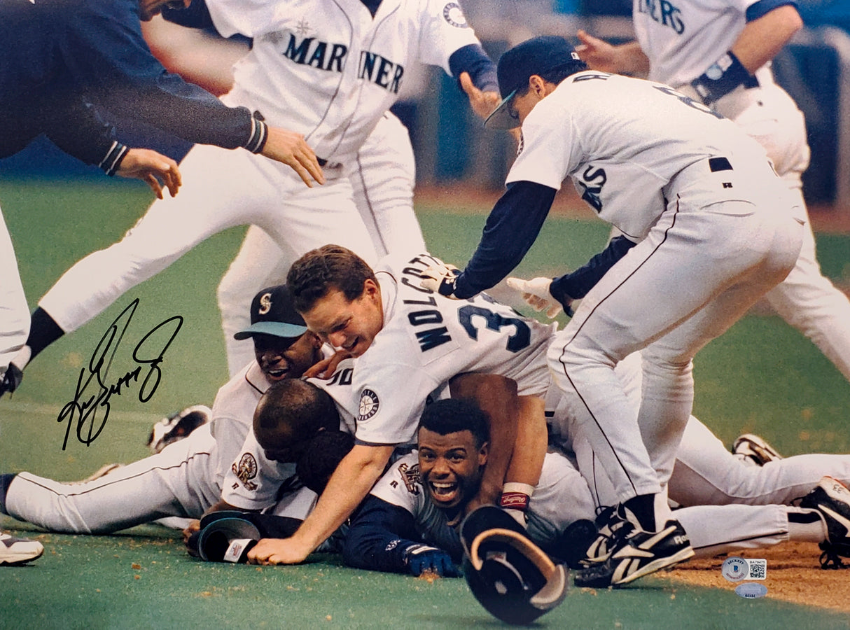 Ken Griffey Jr. Autographed 16x20 Photo Seattle Mariners 1995 Dogpile Beckett BAS & MCS Holo Stock #196959