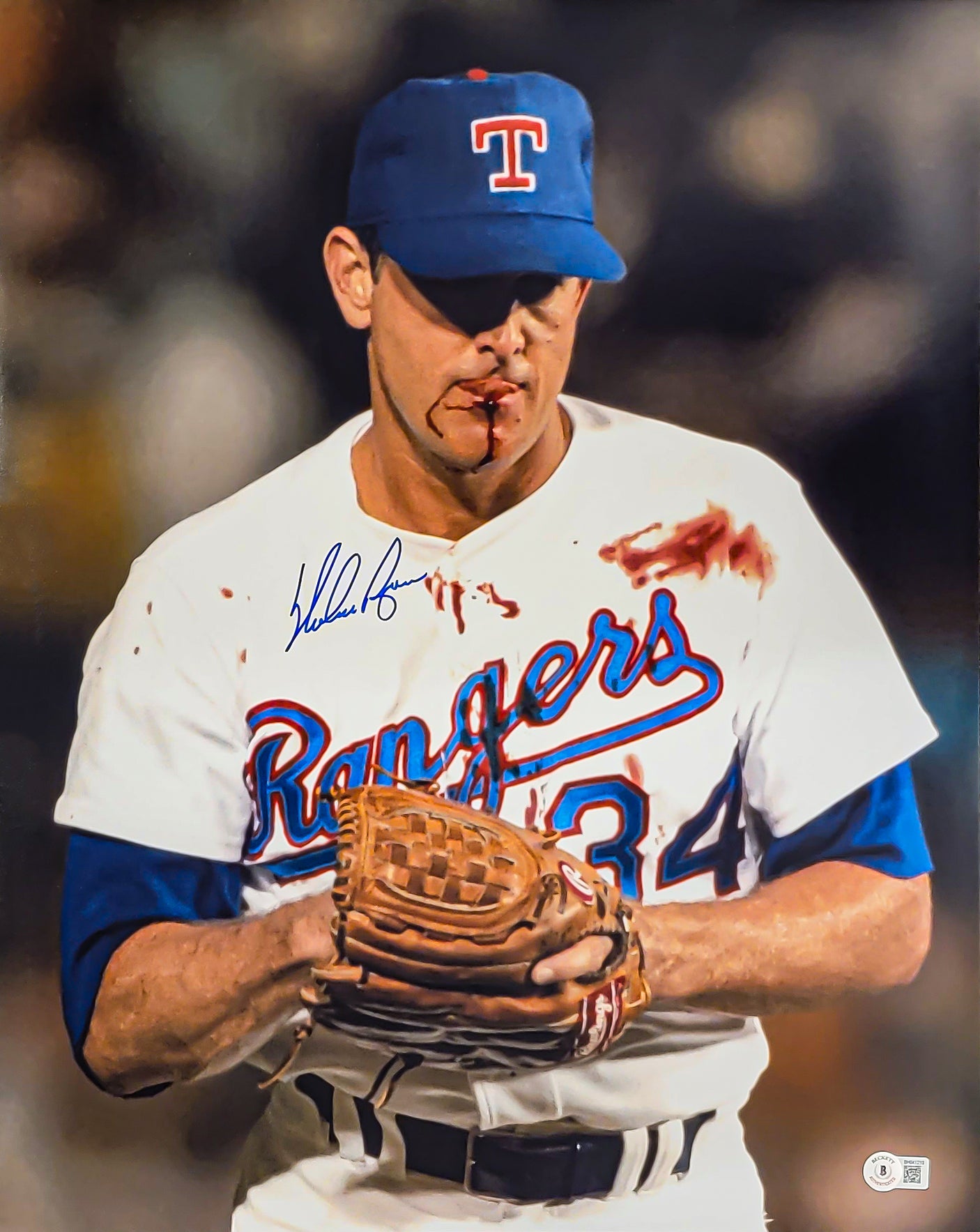 Nolan Ryan Autographed Framed 16x20 Photo Texas Rangers Bloody Beckett BAS QR Stock #233867