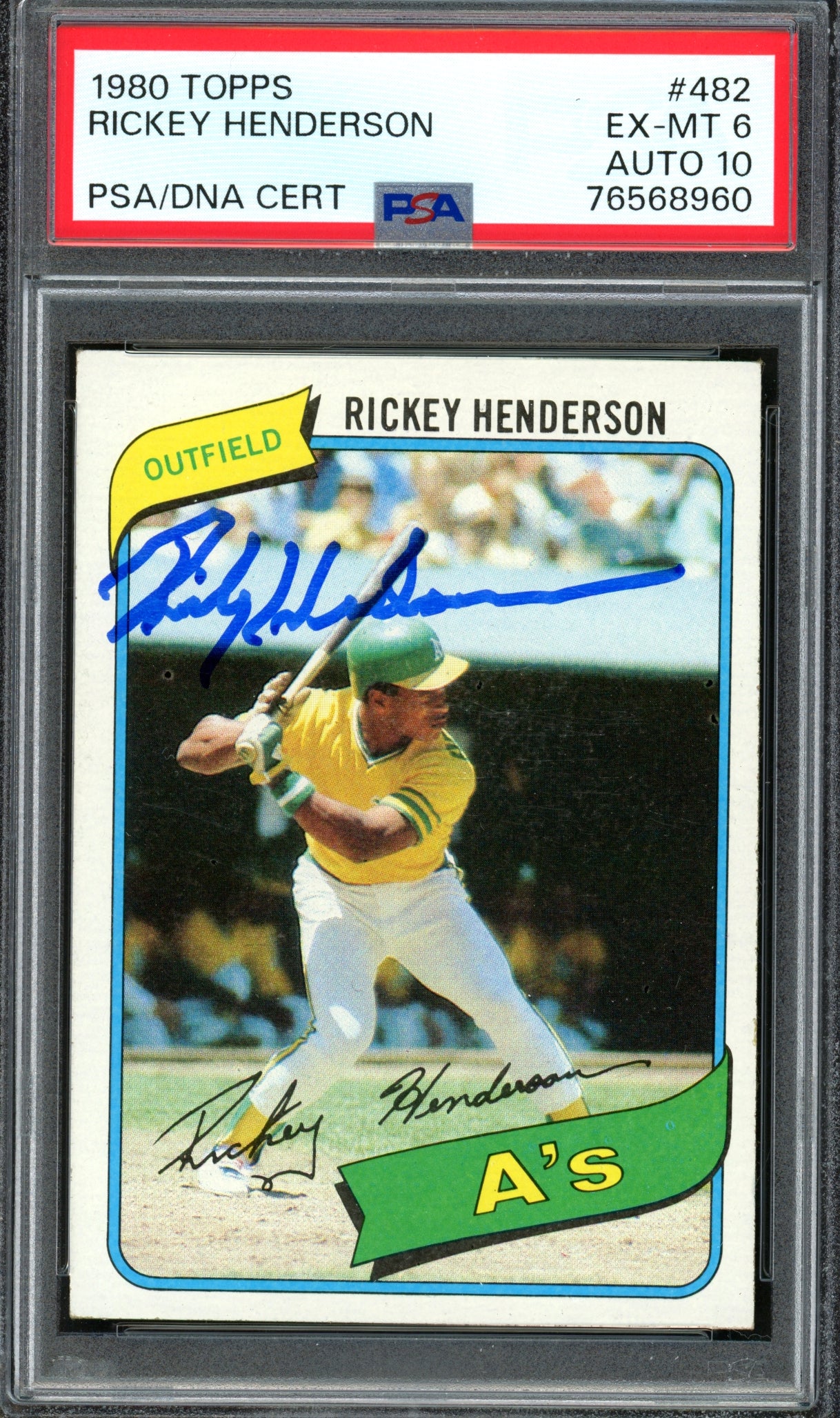 Rickey Henderson Autographed 1980 Topps Rookie Card #482 Oakland Athletics PSA 6 Auto Grade 10 PSA #76568960