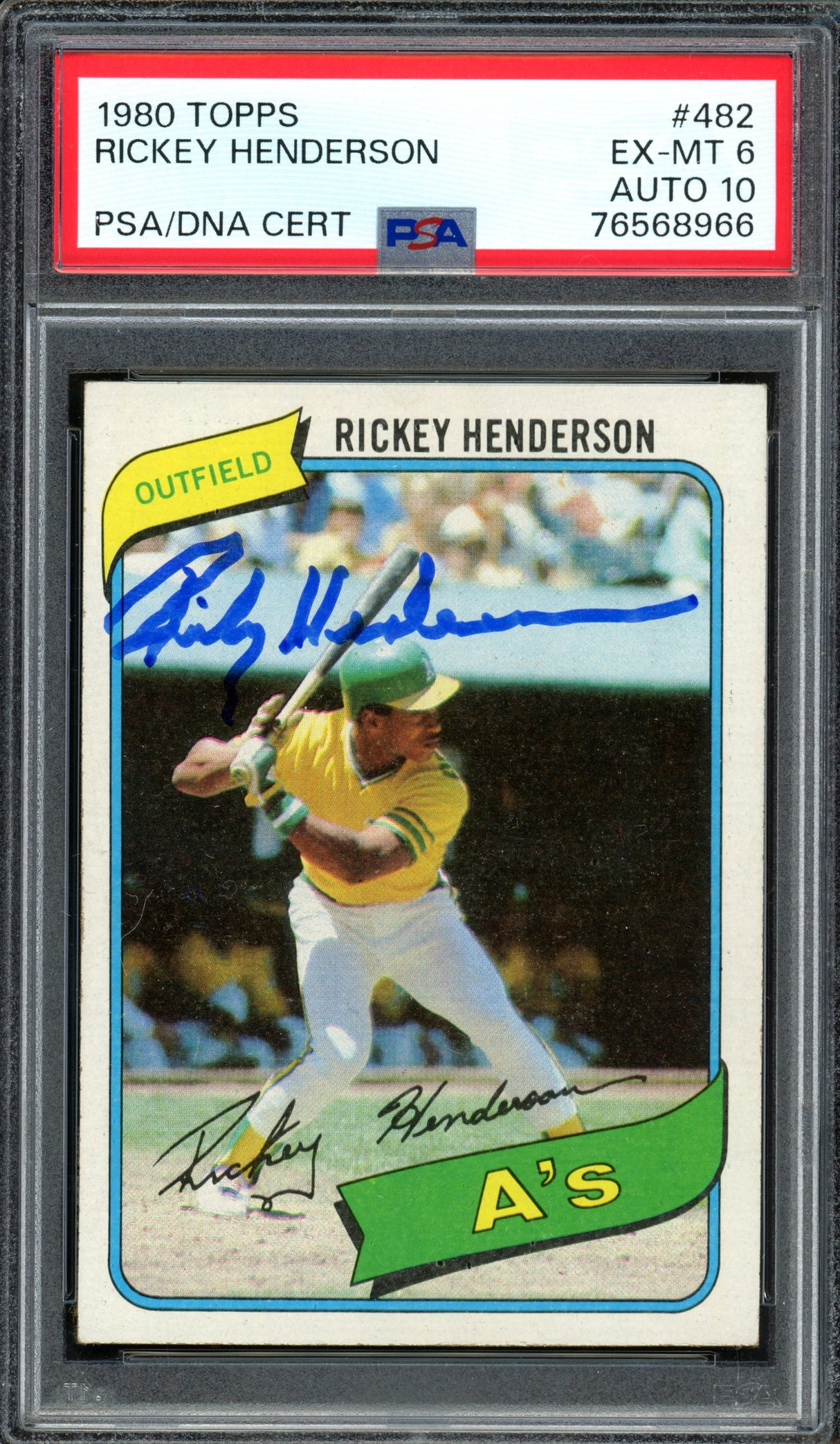 Rickey Henderson Autographed 1980 Topps Rookie Card #482 Oakland Athletics PSA 6 Auto Grade 10 PSA #76568966