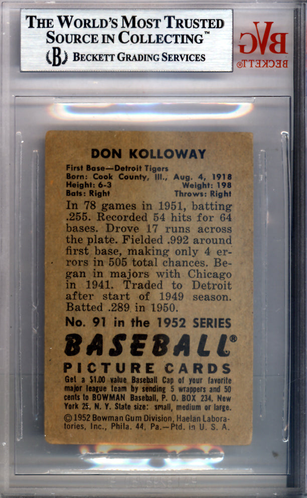 Don Kolloway Autographed 1952 Bowman Card #91 Detroit Tigers Beckett BAS #9770566