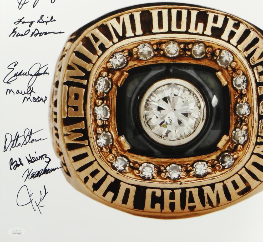 72 Dolphins Autographed 16x20 Super Bowl Ring w/ 19 Sigs -JSA W Auth *Black