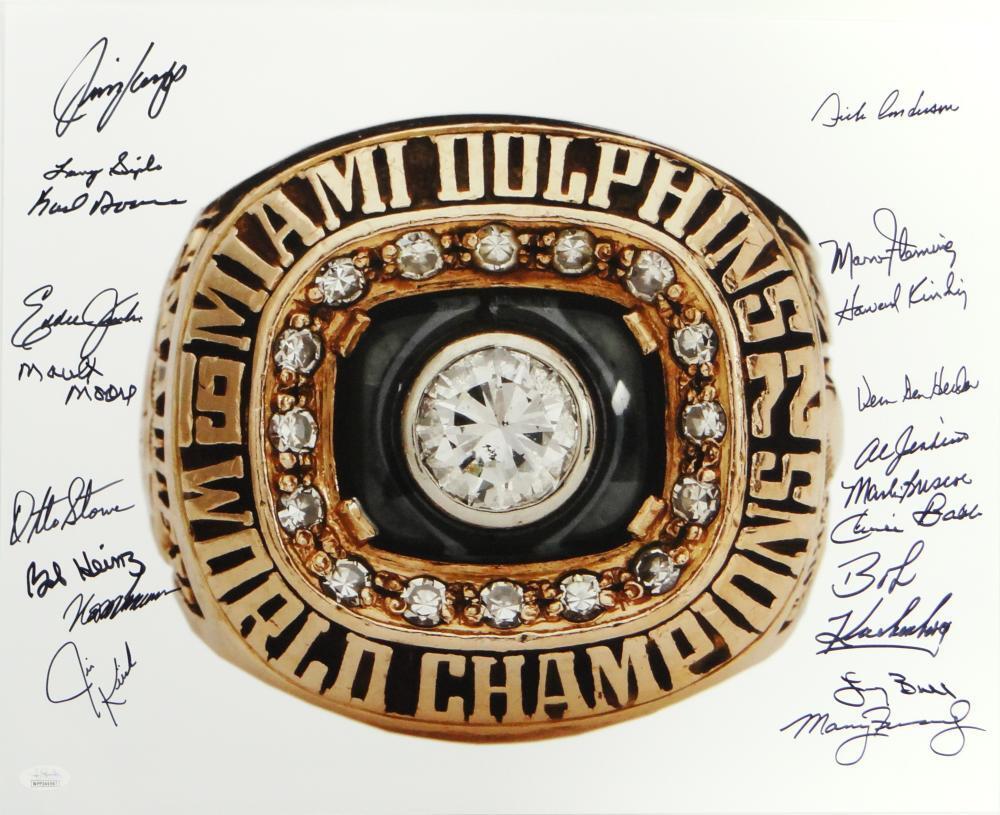 72 Dolphins Autographed 16x20 Super Bowl Ring w/ 19 Sigs -JSA W Auth *Black