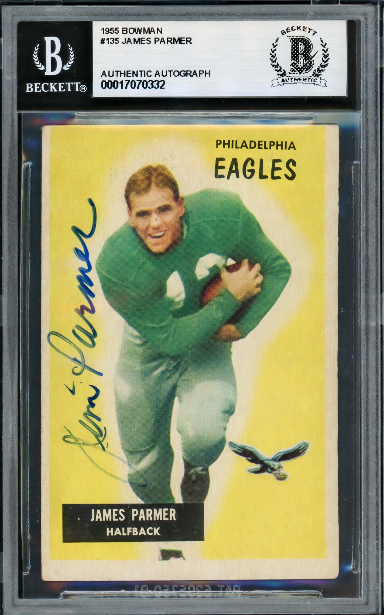 James Parmer Autographed 1955 Bowman Rookie Card #135 Philadelphia Eagles Beckett BAS #17070332