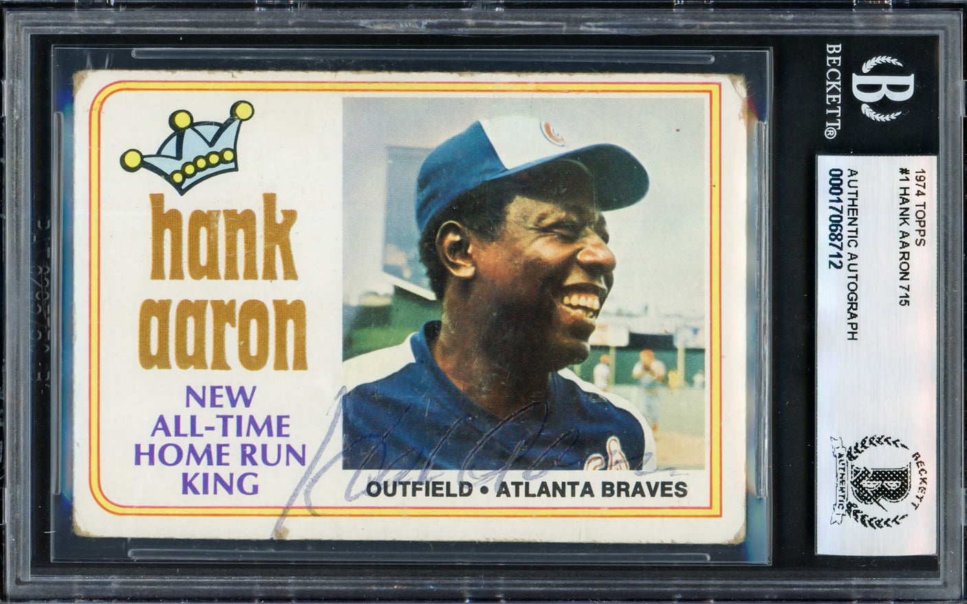 Hank Aaron Autographed 1974 Topps Card #1 Atlanta Braves Beckett BAS #17068712