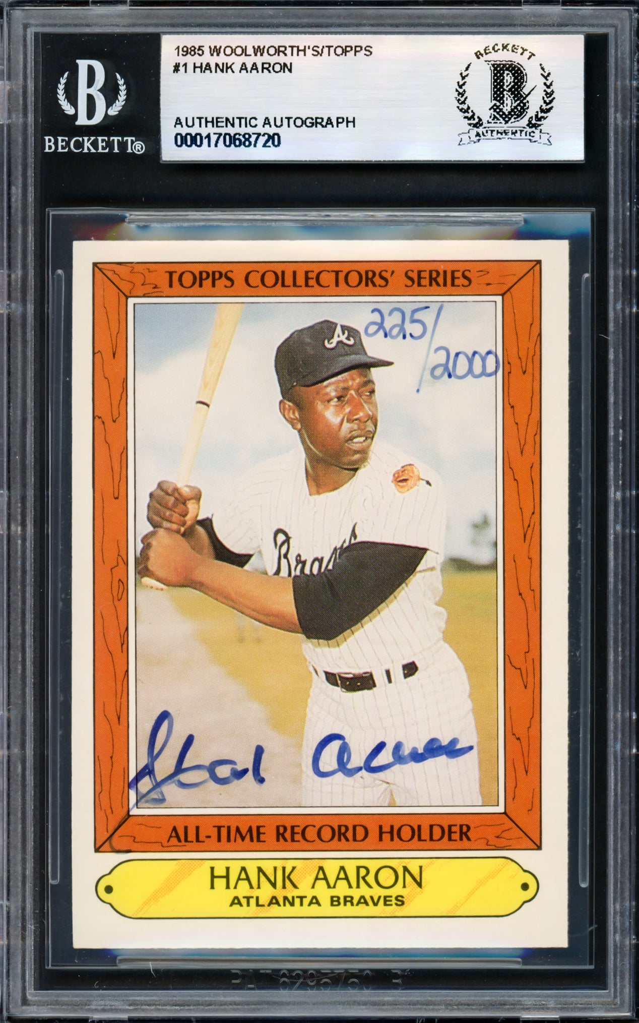 Hank Aaron Autographed 1985 Topps Woolworths Card #1 Atlanta Braves #225/2000 Beckett BAS #17068720