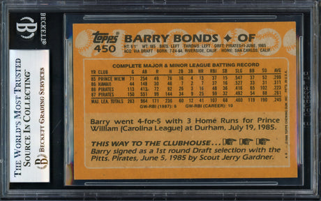 Barry Bonds Autographed 1988 Topps Card #450 Pittsburgh Pirates (Smudged) Beckett BAS #17068814