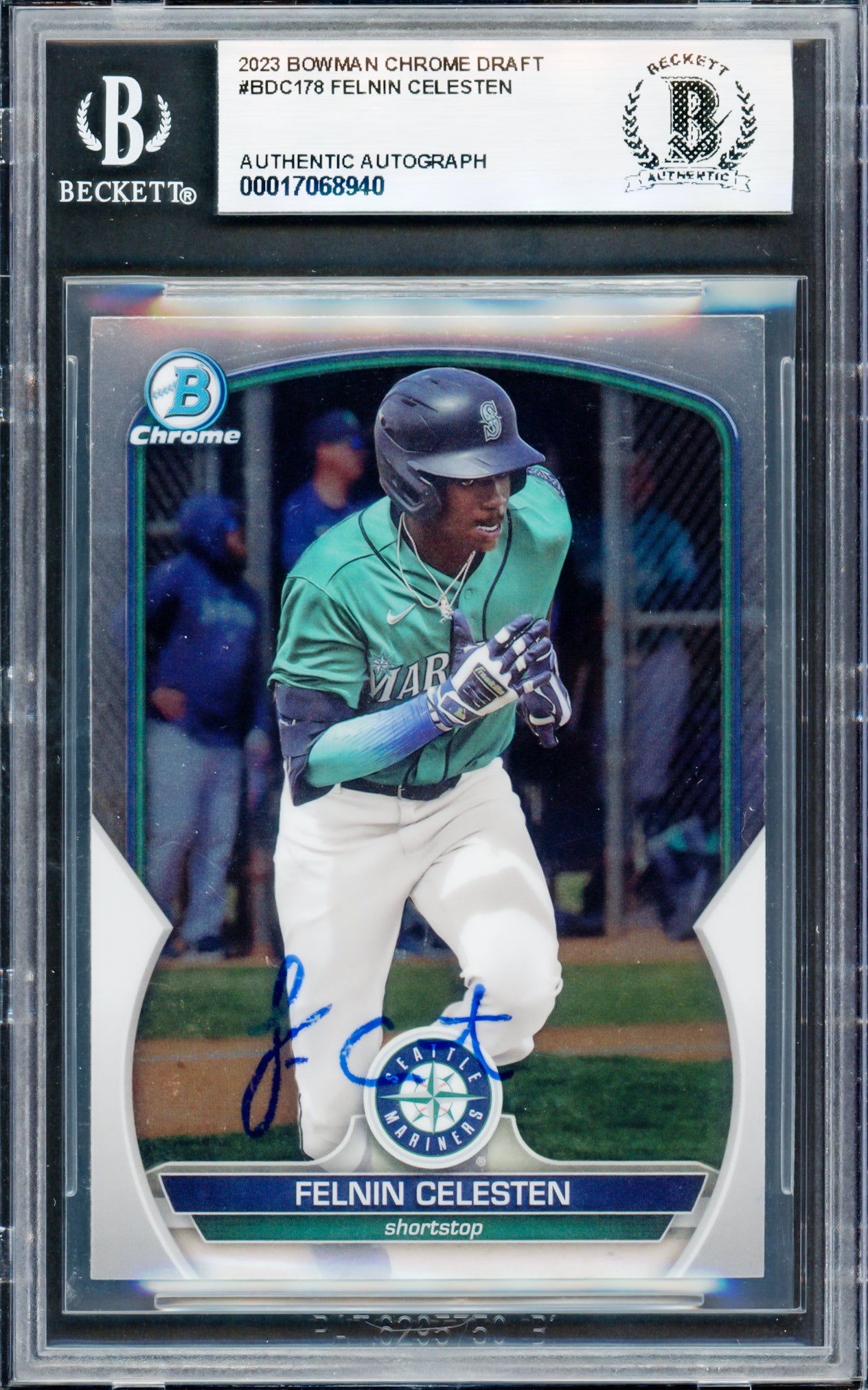 Felnin Celesten Autographed 2023 Bowman Chrome Draft Rookie Card #BDC178 Seattle Mariners Beckett BAS #17068940