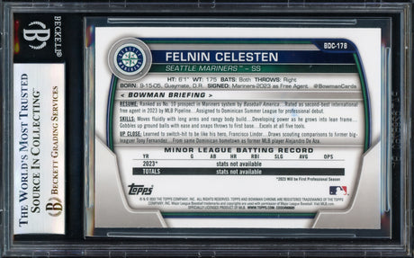 Felnin Celesten Autographed 2023 Bowman Chrome Draft Rookie Card #BDC178 Seattle Mariners Beckett BAS #17068941