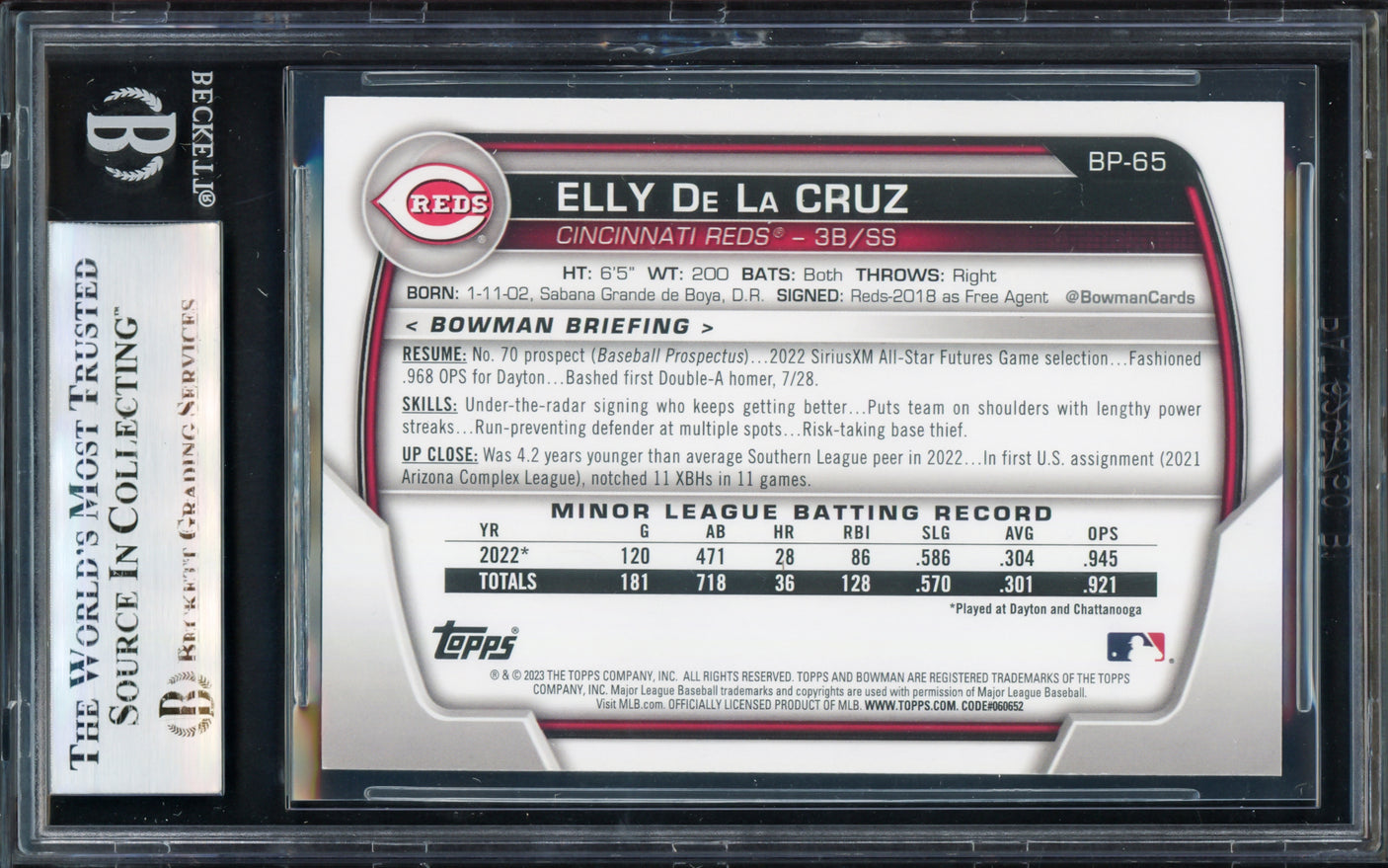 Elly De La Cruz Autographed 2023 Bowman Rookie Card #BP65 Cincinnati Reds Beckett BAS #17070227