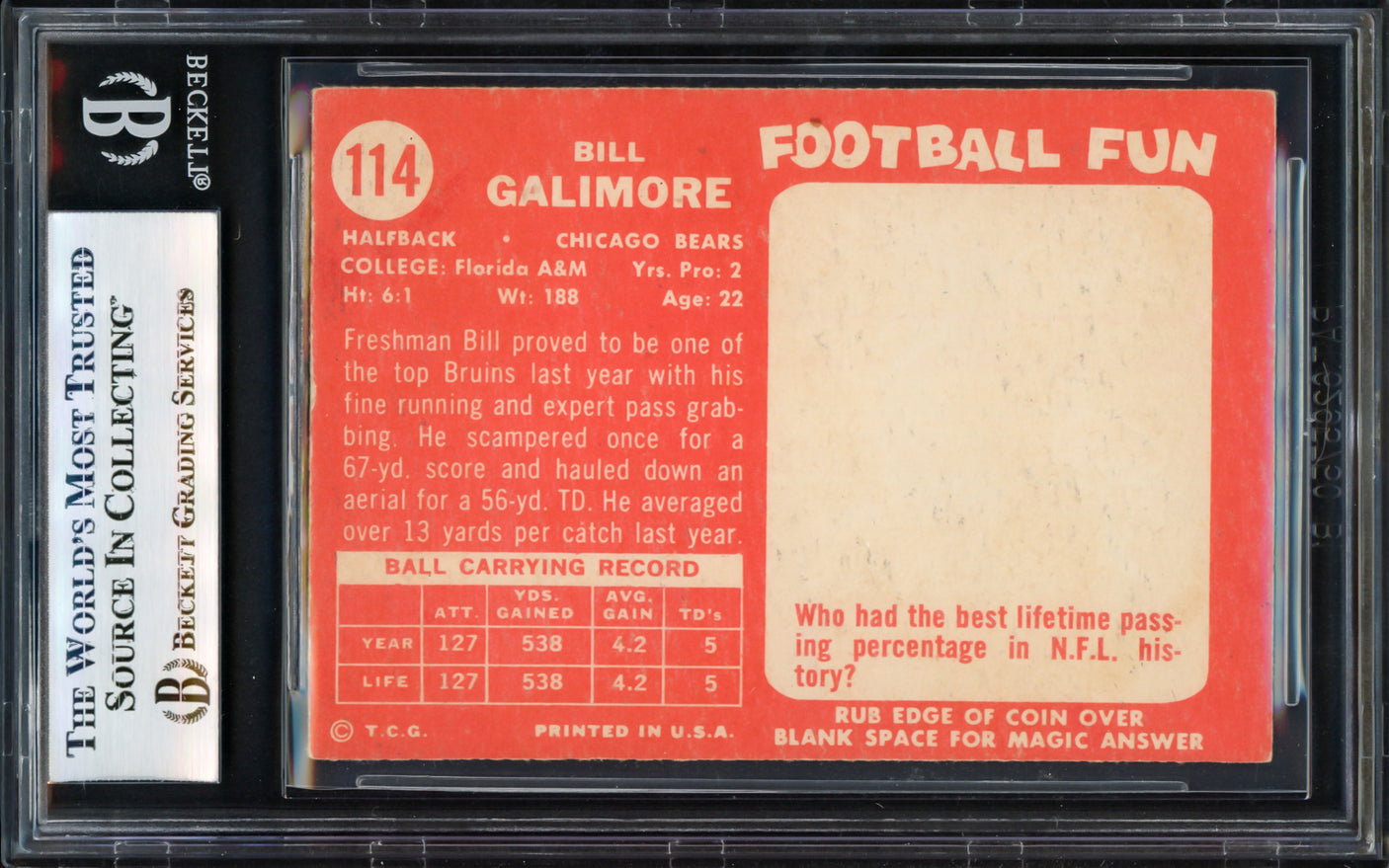 Willie Galimore Autographed 1958 Topps Rookie Card #114 Chicago Bears Beckett BAS #17068952