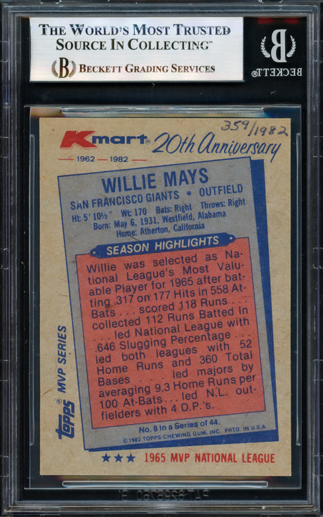 Willie Mays Autographed 1982 Topps K-Mart Card #8 San Francisco Giants Beckett BAS #17069664