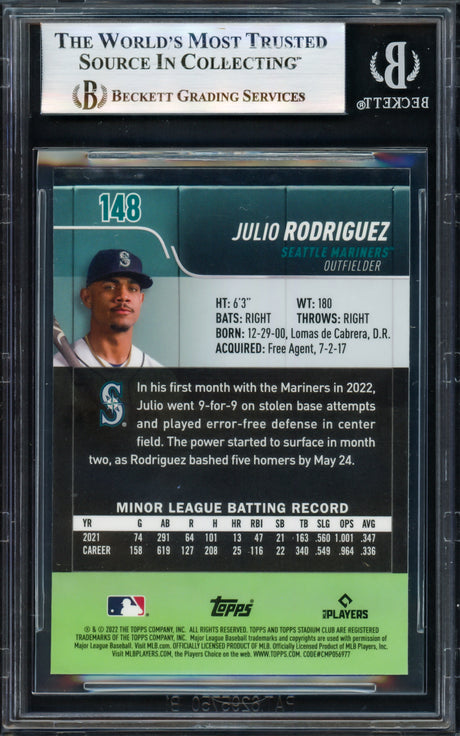 Julio Rodriguez Autographed 2022 Stadium Club Chrome Rookie Card #148 Seattle Mariners Beckett BAS #17069683