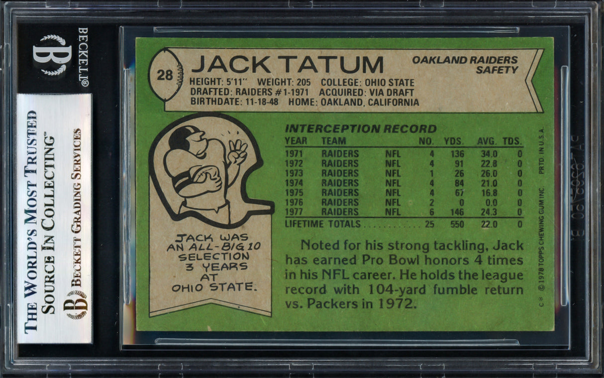 Jack Tatum Autographed 1978 Topps Card #28 Oakland Raiders Beckett BAS #17070022