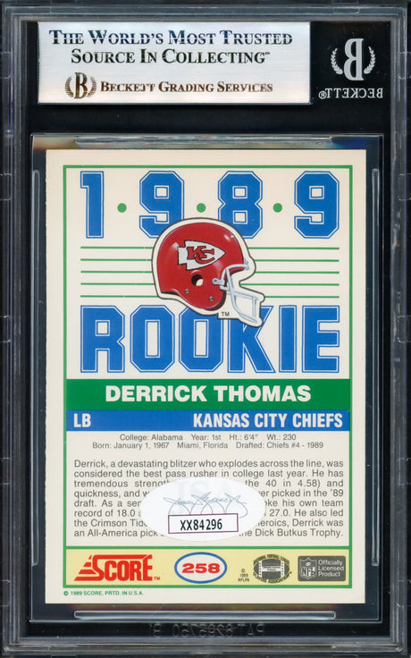 Derrick Thomas Autographed 1989 Score Rookie Card #258 Kansas City Chiefs Beckett BAS #17070032