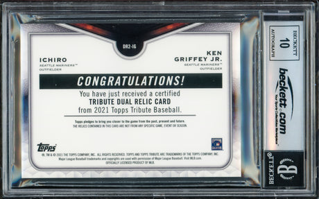 Ken Griffey Jr. & Ichiro Suzuki Autographed 2021 Topps Tribute Dual Relics Purple Card #DR2-IG Seattle Mariners Auto Grade Gem Mint 10 Game Used Bat & Jersey #6/50 Beckett BAS #17039796