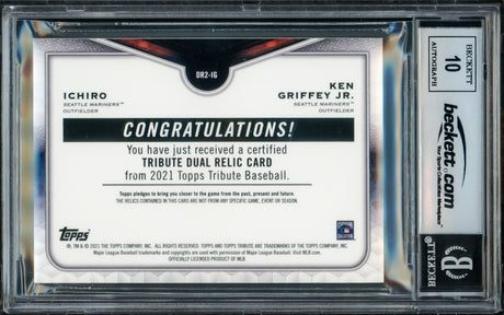 Ken Griffey Jr. & Ichiro Suzuki Autographed 2021 Topps Tribute Dual Relics Card #DR2-IG Seattle Mariners Auto Grade Gem Mint 10 Game Used Bat & Jersey #30/99 Beckett BAS #17039799