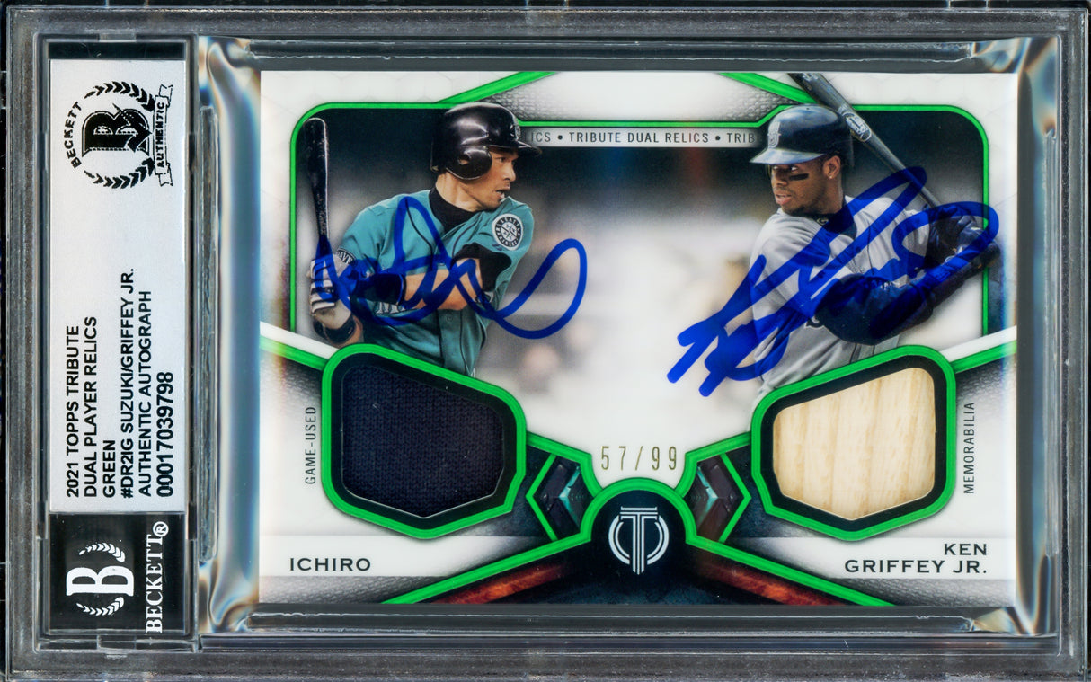 Ken Griffey Jr. & Ichiro Suzuki Autographed 2021 Topps Tribute Dual Relics Card #DR2-IG Seattle Mariners Auto Grade Gem Mint 10 Game Used Bat & Jersey #57/99 Beckett BAS #17039798