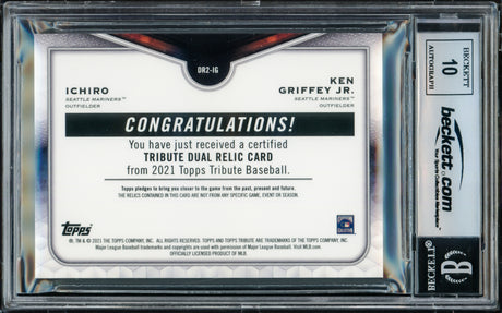 Ken Griffey Jr. & Ichiro Suzuki Autographed 2021 Topps Tribute Dual Relics Card #DR2-IG Seattle Mariners Auto Grade Gem Mint 10 Game Used Bat & Jersey #57/99 Beckett BAS #17039798