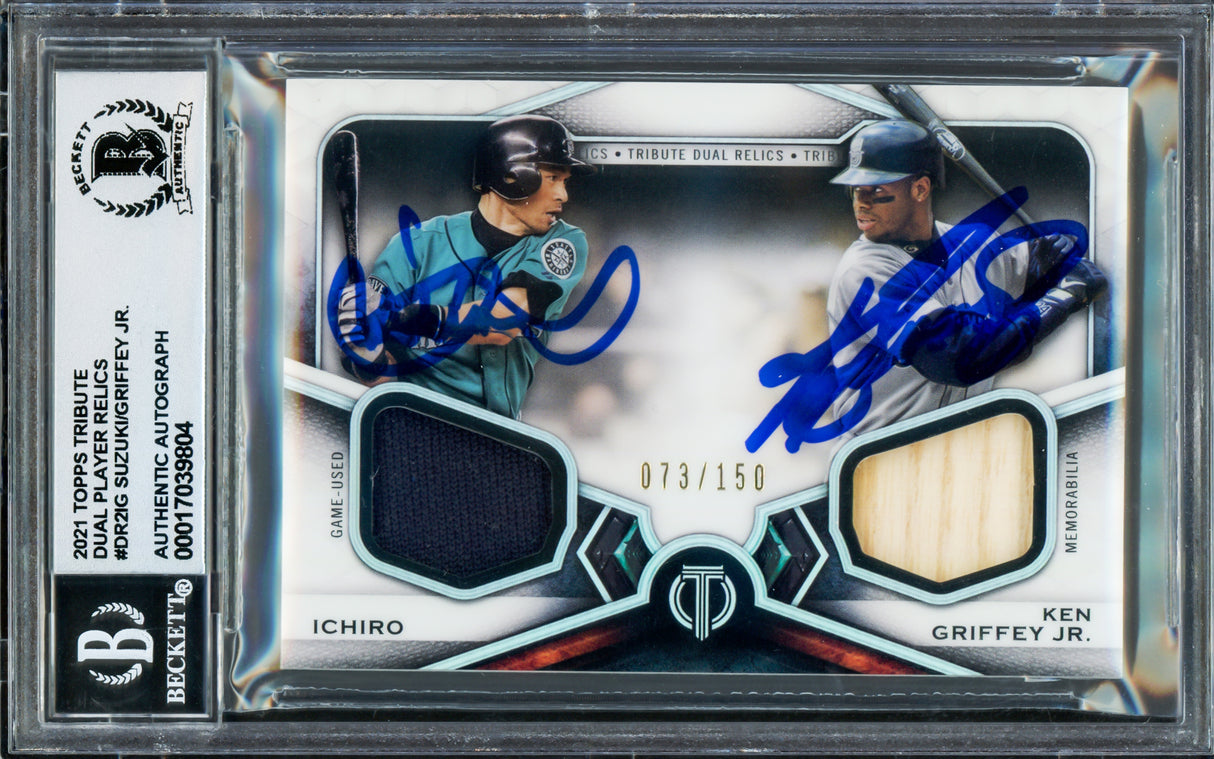 Ken Griffey Jr. & Ichiro Suzuki Autographed 2021 Topps Tribute Dual Relics Card #DR2-IG Seattle Mariners Auto Grade Gem Mint 10 Game Used Bat & Jersey #73/150 Beckett BAS #17039804