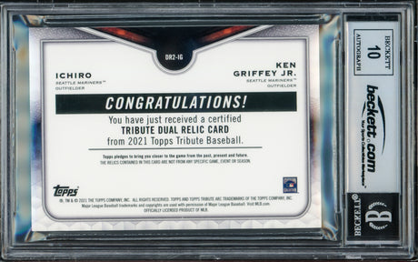 Ken Griffey Jr. & Ichiro Suzuki Autographed 2021 Topps Tribute Dual Relics Card #DR2-IG Seattle Mariners Auto Grade Gem Mint 10 Game Used Bat & Jersey #73/150 Beckett BAS #17039804