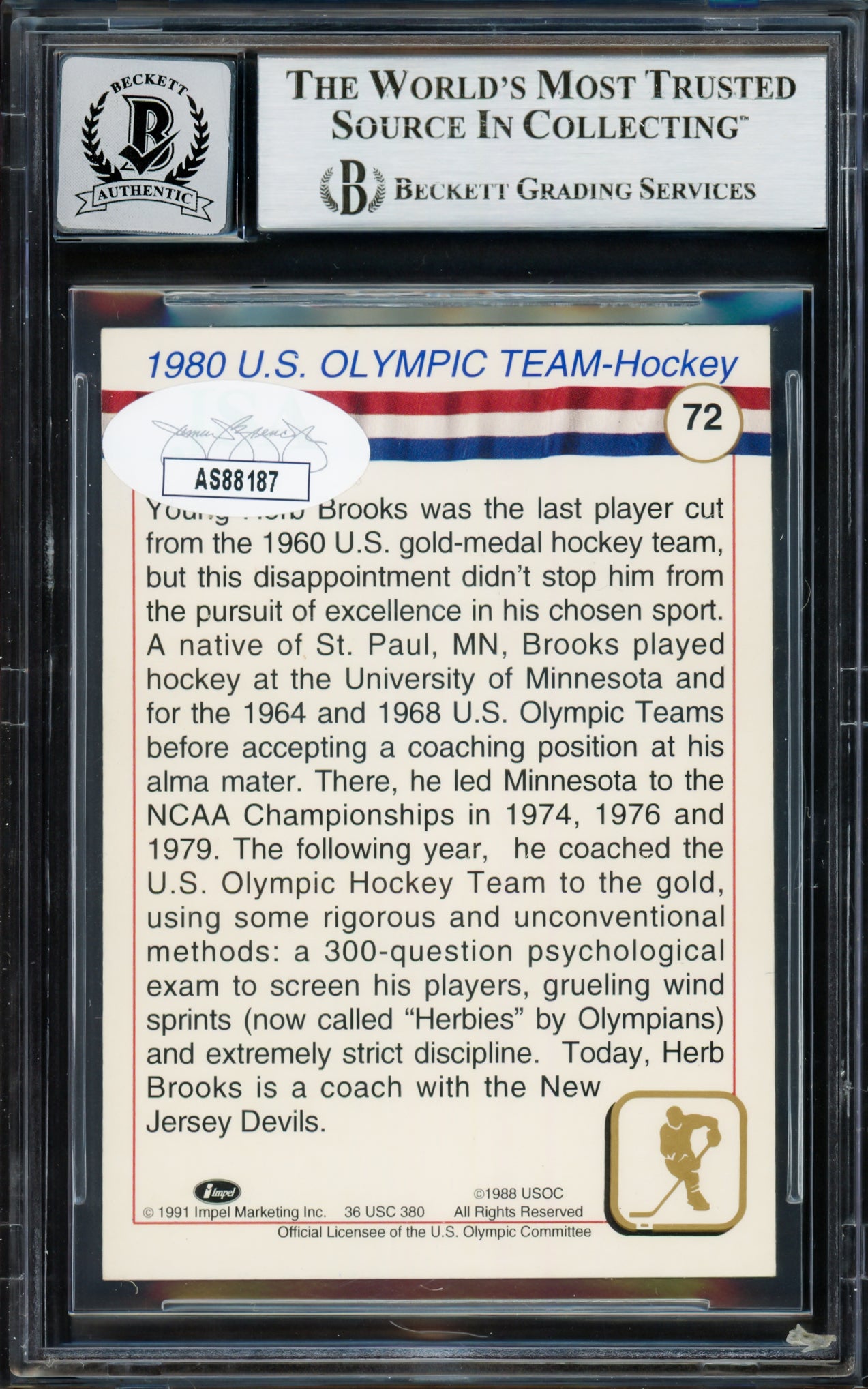 Herb Brooks Autographed 1991 Impel Card #72 1980 Team USA Auto Grade Gem Mint 10 Beckett BAS #17037731