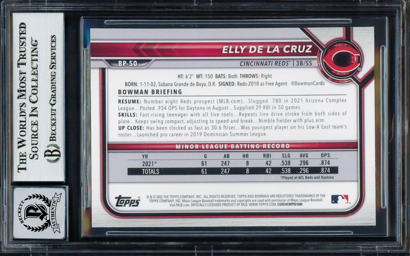 Elly De La Cruz Autographed 2022 1st Bowman Rookie Card #BP50 Cincinnati Reds Auto Grade Gem Mint 10 Beckett BAS #17038045