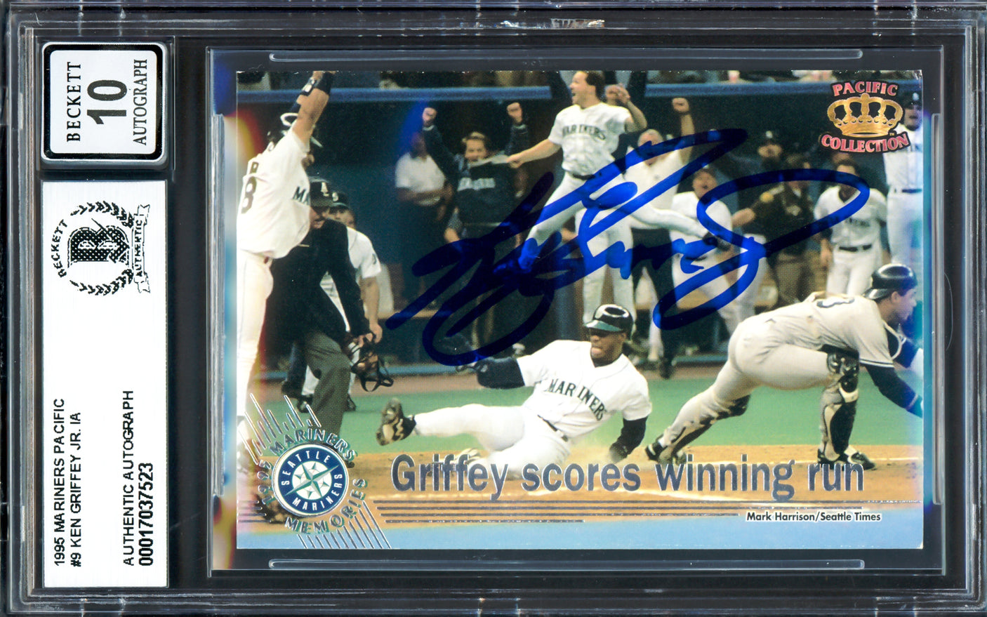 Ken Griffey Jr. Autographed 1995 Pacific Slide Card #9 Seattle Mariners Auto Grade Gem Mint 10 Beckett BAS #17037523