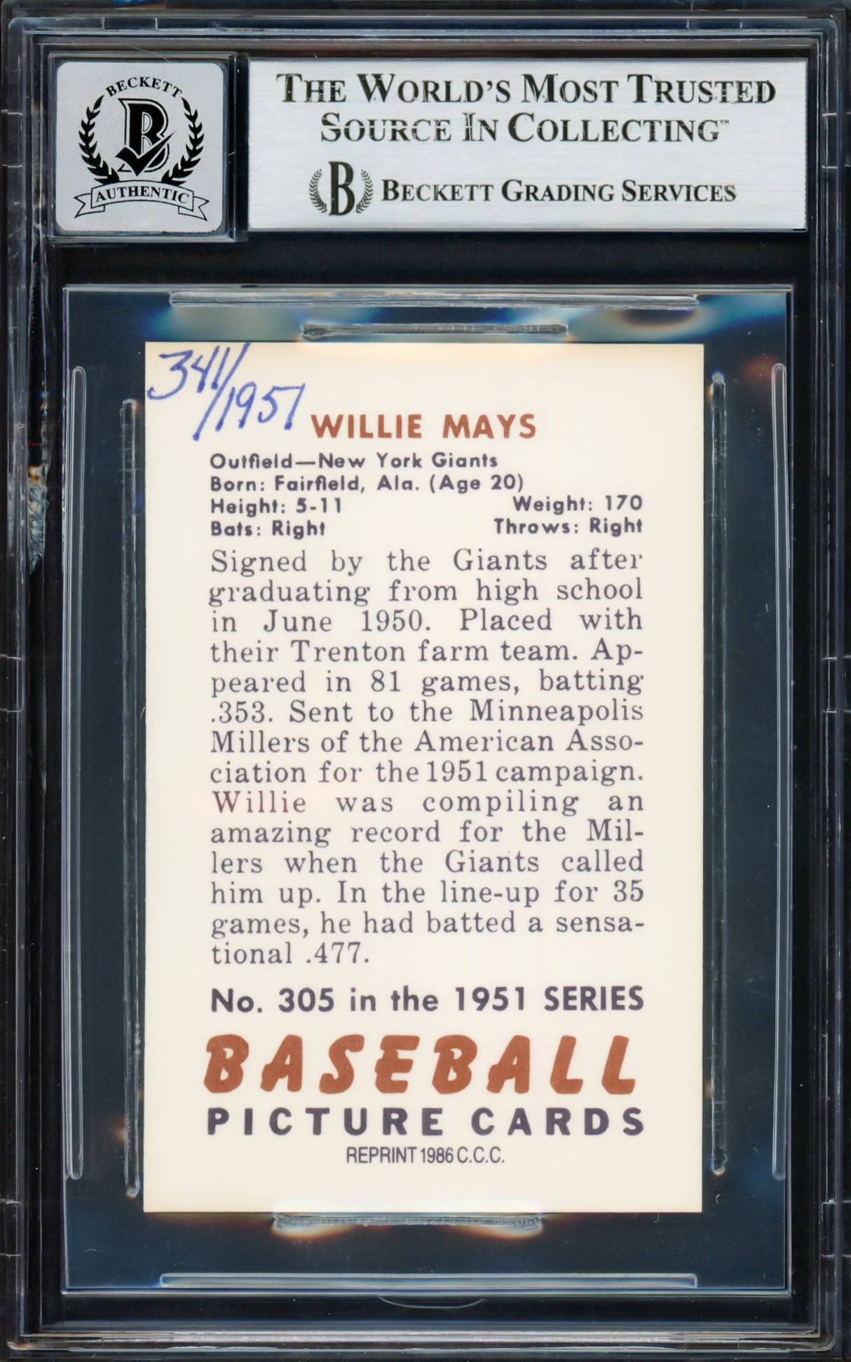 Willie Mays Autographed 1986 CCC 1951 Bowman Reprint Rookie Card #305 NY Giants Auto Grade Gem Mint 10 #341/1951 Beckett BAS #17037502