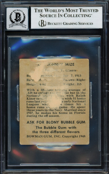 Johnny Mize Autographed 1948 Bowman Rookie Card #4 New York Giants Auto Grade Gem Mint 10 (Back Damage) Beckett BAS #17037496