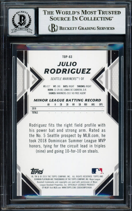 Julio Rodriguez Autographed 2019 Bowman Platinum Rookie Card #TOP63 Seattle Mariners Auto Grade Gem Mint 10 Beckett BAS #17037799