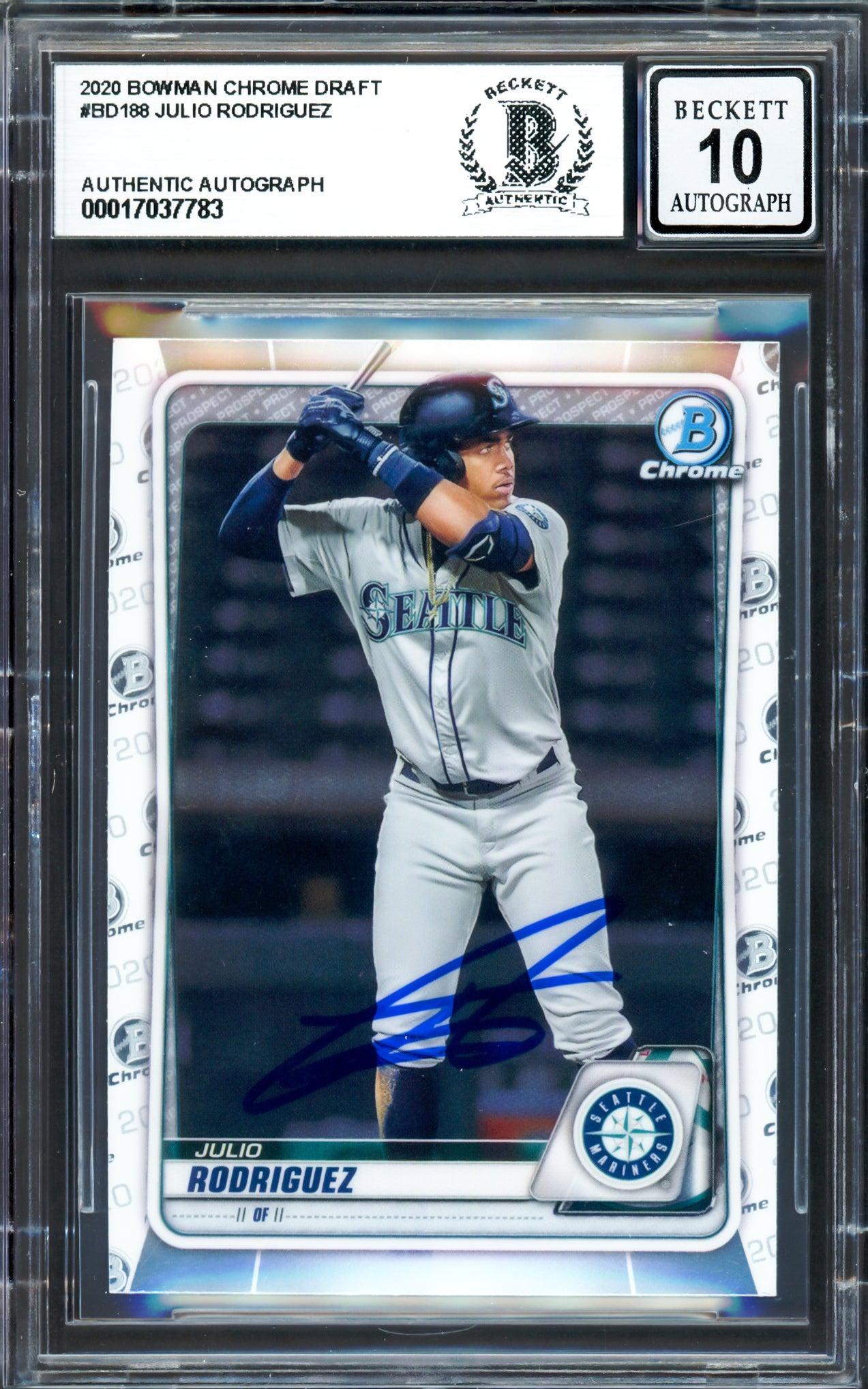 Julio Rodriguez Autographed 2020 Bowman Chrome Draft Rookie Card #BD188 Seattle Mariners Auto Grade Gem Mint 10 Beckett BAS #17037783