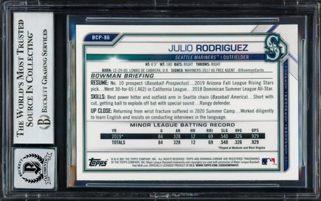 Julio Rodriguez Autographed 2021 Bowman Chrome Rookie Card #BCP86 Seattle Mariners Auto Grade Gem Mint 10 Beckett BAS #17037880