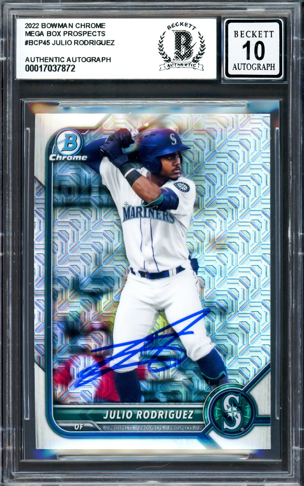 Julio Rodriguez Autographed 2022 Bowman Chrome Mojo Refractor Rookie Card #BCP45 Seattle Mariners Auto Grade Gem Mint 10 Beckett BAS #17037872