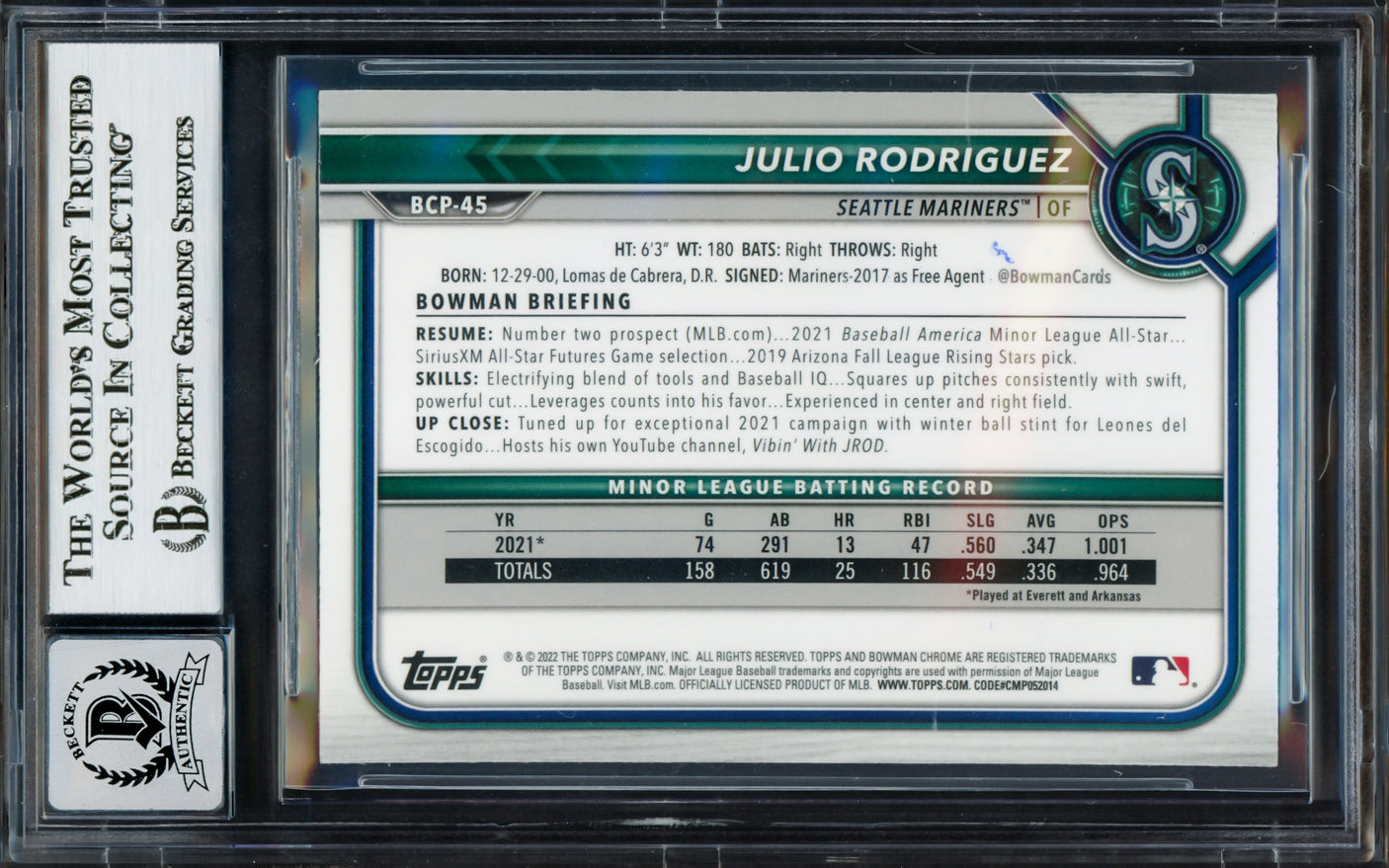 Julio Rodriguez Autographed 2022 Bowman Chrome Mojo Refractor Rookie Card #BCP45 Seattle Mariners Auto Grade Gem Mint 10 Beckett BAS #17037872