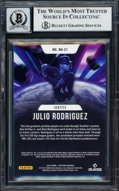 Julio Rodriguez Autographed 2022 Panini Capstone New Age Rookie Card #NA-21 Seattle Mariners Auto Grade Gem Mint 10 Beckett BAS #17037489