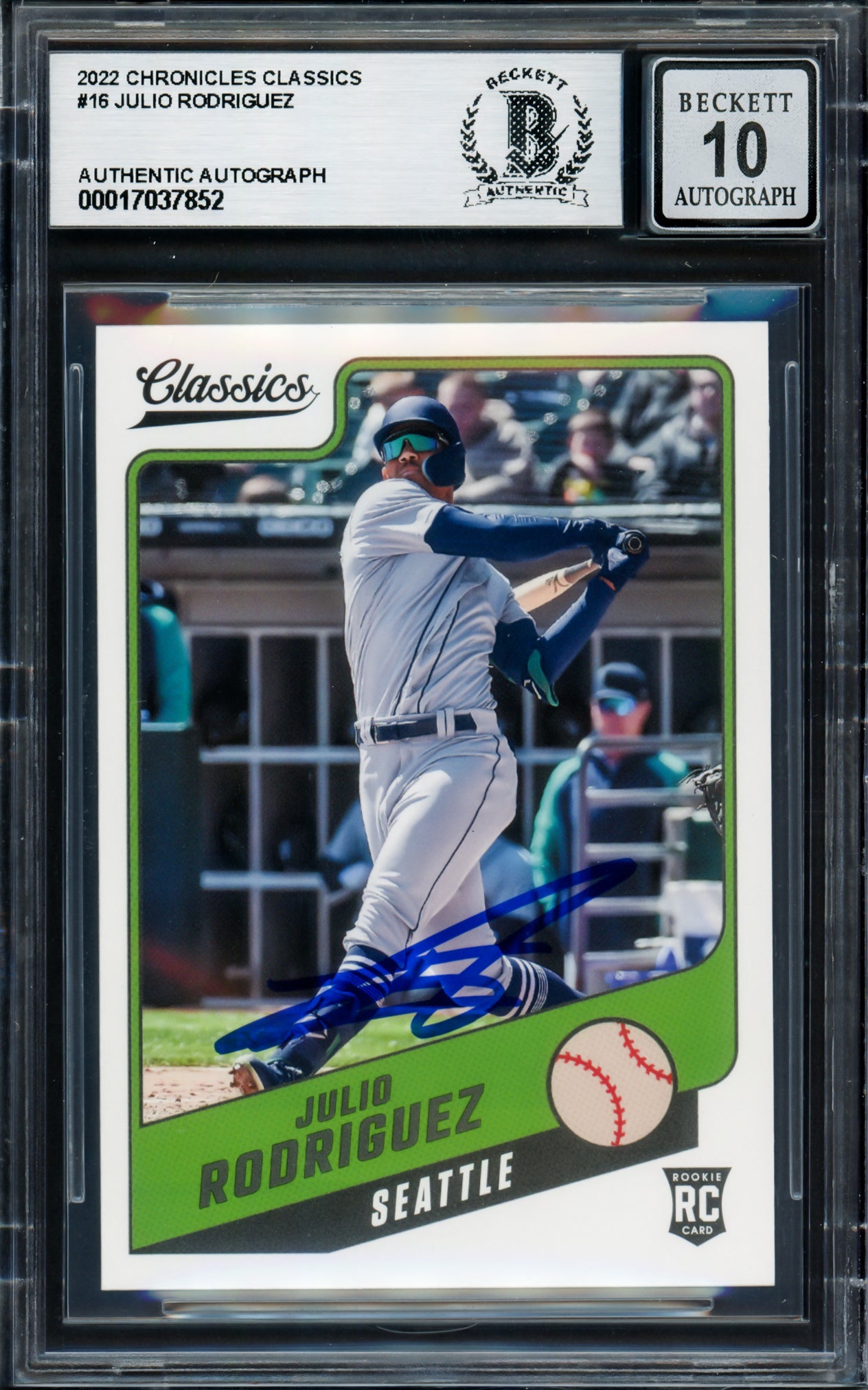 Julio Rodriguez Autographed 2022 Panini Classics Rookie Card #16 Seattle Mariners Auto Grade Gem Mint 10 Beckett BAS #17037852